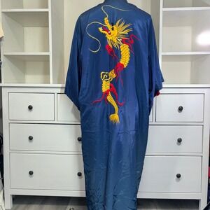 Mens Blue Dragon Embroidered Kimono Robe Loungewear